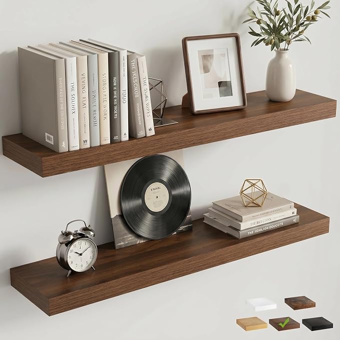 Venusmiles Floating Shelves for Wall, 30 Inch Floating Shelves Set of 2, 6.5" D Wooden Wall Mounted Display Shelves with Invisible Brackets for Living Room, Bedroom, Bathroom, Kitchen Decor, Walnut