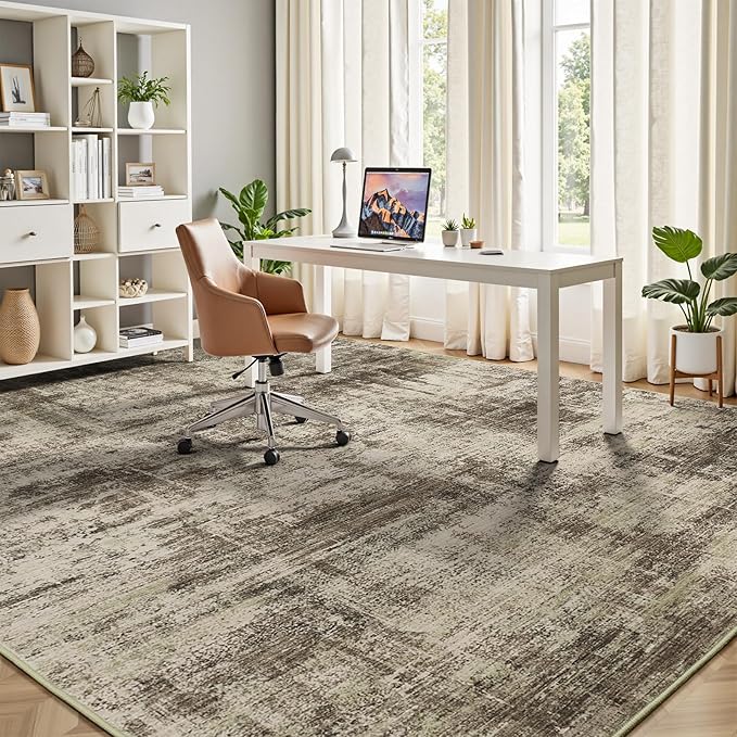 Lofus 9x12 Area Rug for Living Room, Brown Abstract Large Rugs with Non-Slip Backing, Neutral Modern Washable Carpet for Bedroom Dining Room Home Office Nursery Indoor