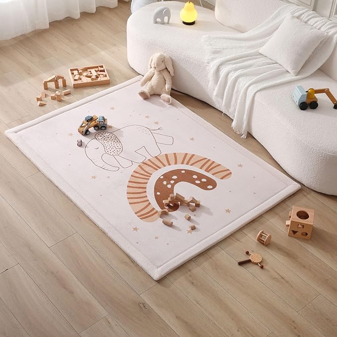 Hakuna Matte CloudSoft Baby Play Mat for Floor 47 x 67 Rainbow Elephant – Coral Velvet Memory Foam Rug for Crawling Cozy Play – Non-Slip, Water-Resistant, Easy-Care Tummy Time Mat, Playmat for Playpen