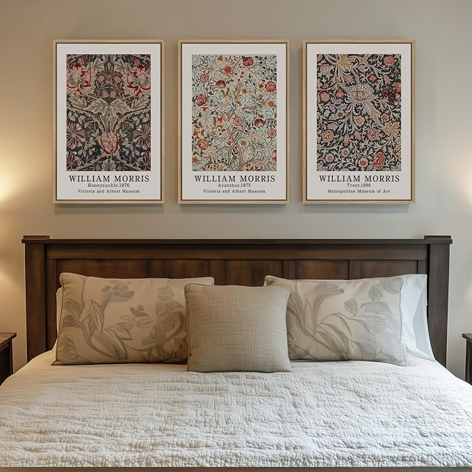 Framed William Morris Canvas Wall Art Set of 3, Vintage Boho Floral Paintings Prints, Rustic Farmhouse Botanical Artwork for Living Room, Bedroom, Hallway or Office, 16x24 Inch
