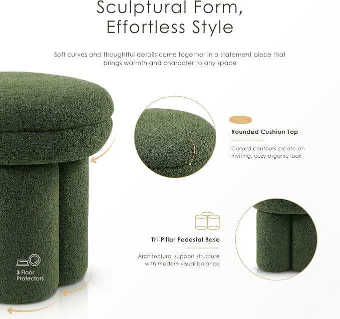 Furniture of America Rami Modern 18-inch Mushroom-Shape Upholstered Ottoman with Tri-Pillar Pedestal, Vanity Stool Chair, Small Foot Stool for Bedroom, Living Room, Entryway, Beige