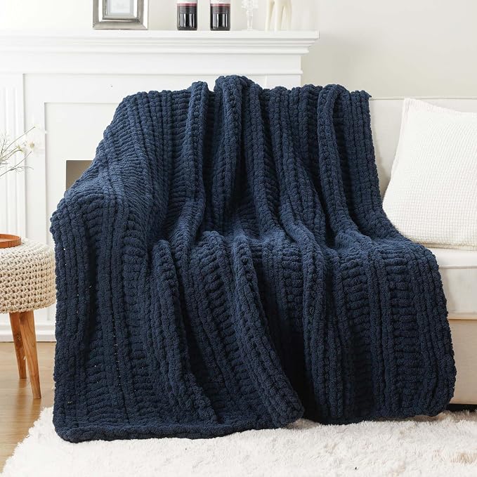 Battilo Chunky Knit Throw Blanket for Couch, 50"x60", Navy Blue | Hand Knit, Gift Blanket, Cozy Warm Thick Soft Chenille Throw Blanket for Bed, Sofa, Chair, Living Room