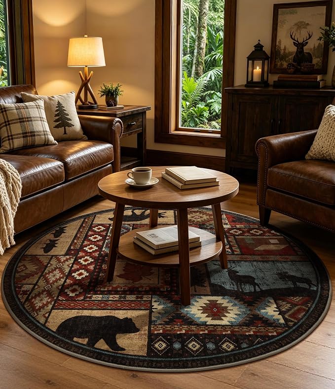 YIHOUSE Rustic Round Rug 6ft, Washable Circle Area Rug with Non-Slip Backing, Low Pile Soft Western Cabin Rugs for Living Room, Bedroom
