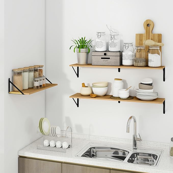 Vivelove 8 Inch Deep Floating Shelves for Wall, 16W x 8D Wood Wall Shelves Set of 2, Rustic Oak Wide Floating Bookshelf for Living Room, Kitchen, Office, Bedroom, with Black Metal Bracke - Oak