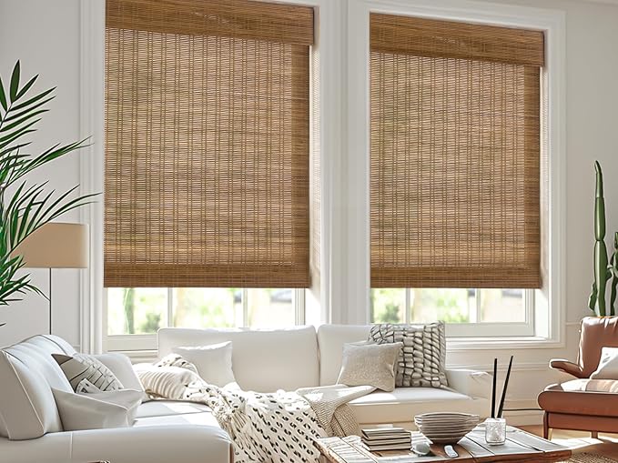 LazBlinds Cordless Bamboo Roman Shades for Windows, 34'' W x 60'' H | Natural Light Filtering Bamboo Window Blinds, Bamboo Blinds for Bedroom Living Room Office Indoor
