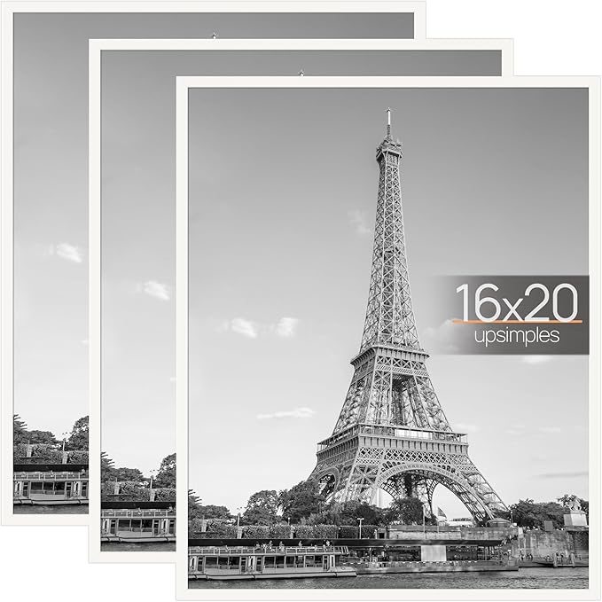 upsimples 16x20 Picture Frame White 3 Pack, Scratch-Proof Poster Frames 16 x 20 for Photo Gallery - Slide-In Strips, Horizontal or Vertical Wall Mounting