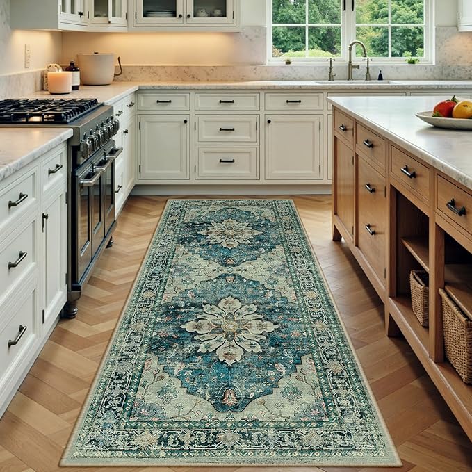 RELEANY Area Rugs 3'x6' Runner Rug Non Slip Washable for Kitchen Hallway Bedroom Beside Laundry Room Bathroom Rug, Floor Carpet, Dark Blue Vintage