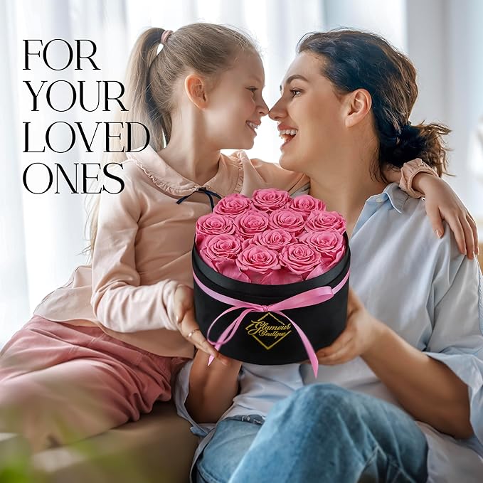 GLAMOUR BOUTIQUE Flowers Forever Gift Box, 12 Real Preserved Roses in Velvet Black Box, Floral Gift for Her, Mom or Wife for Birthday, Mother’s Day, Anniversary or Graduation, Pink (Color-Treated)