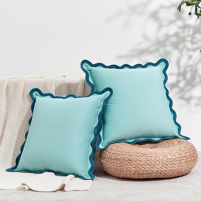 MONDAY MOOSE Decorative Throw Pillow Covers Cushion Cases, Set of 2 Soft Velvet Scalloped Wavy Edge Designs, Mix and Match for Home Decor, Pillow Inserts Not Included (22x22 inch, Blue/Light Blue)