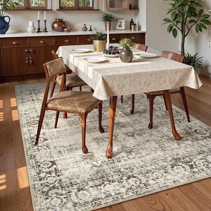 Lahome Margot Washable Rug 6x9 Beige Area Rugs for Living Room,Boho Soft Room Rugs for Bedroom Indoor Carpet,Vintage Non-Slip Low-Pile Accent Rugs Dining Room Office Playroom(6 x 9,Beige)