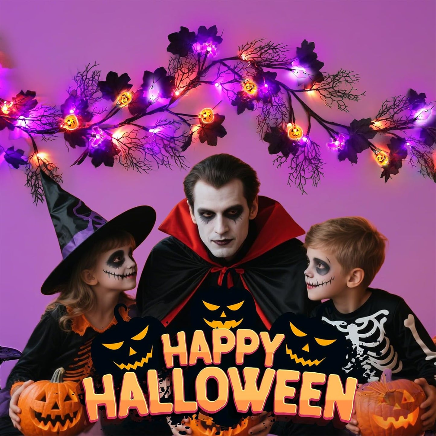 kuaima Halloween Lighted Willow Vine Twig Decor, 6.56 FT Light up Garland with Purple and Orange LED Lights for Indoor Outdoor Decor, 8 Modes, 18 Ornaments, 4 Adhesive Hooks