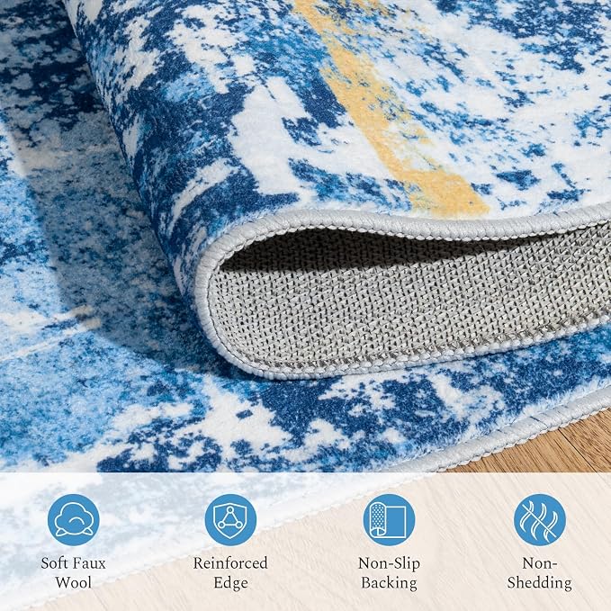 Rugflix 8x10 Area Rugs for Living Room, Washable Large Rug Stain-Resistant Low Pile, Modern Carpet for Dining Room Home Office Kid Room Nursery Bedroom, Blue Gold