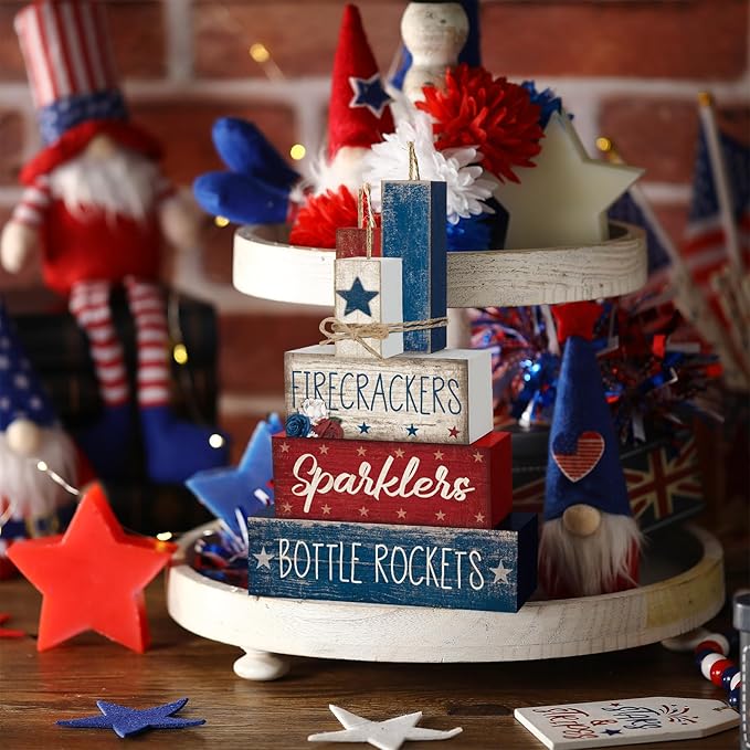 CroBlissful 4 Pcs 4th of July Decorations Patriotic Memorial Day Tabletop Decorations Red White Blue Table Centerpieces Sign for Office Tiered Tray Home Shelf 250th Anniversary(Firecrackers)