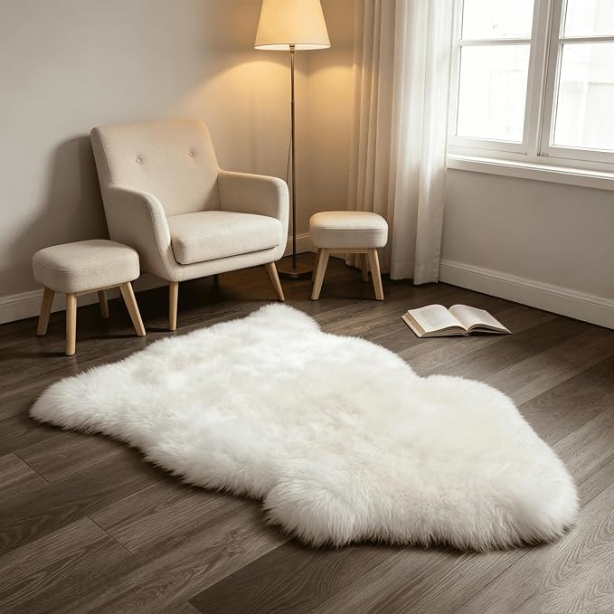 AOGELAN Premium Genuine Sheepskin Rug, Genuine Sheepskin Natural Fluffy Fuzzy Lambskin Fur Area Rug for Kids Bedroom Sofa Chair Seat Cover Pets Dogs Mat Single Pelt/2'x 3' White/Ivory