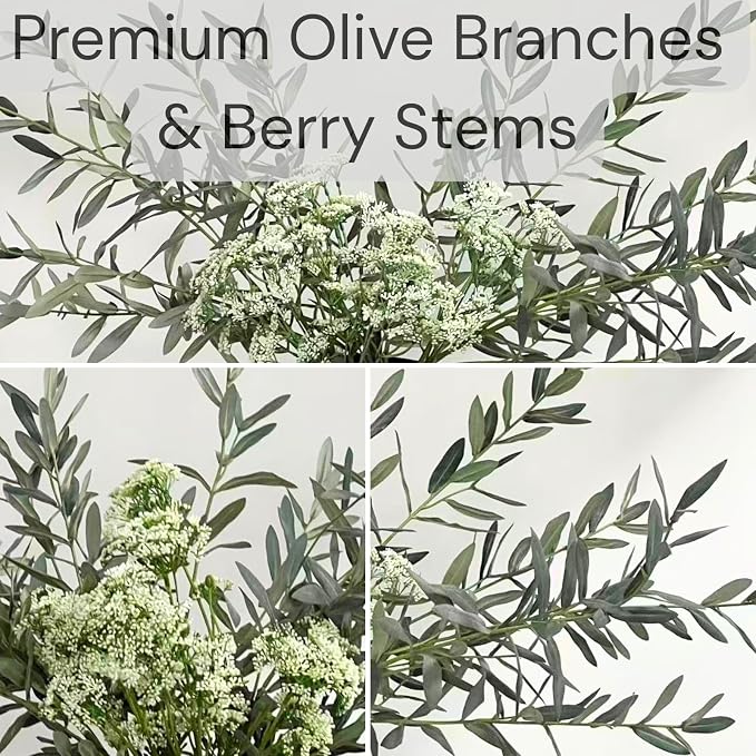 RyddeligHome Faux Arrangement - Olive & White Berry, Realistic Artificial Greenery Stems for Vase, Winter Floral Arrangement for Farmhouse Home Decor, Christmas Table Centerpiece Decor