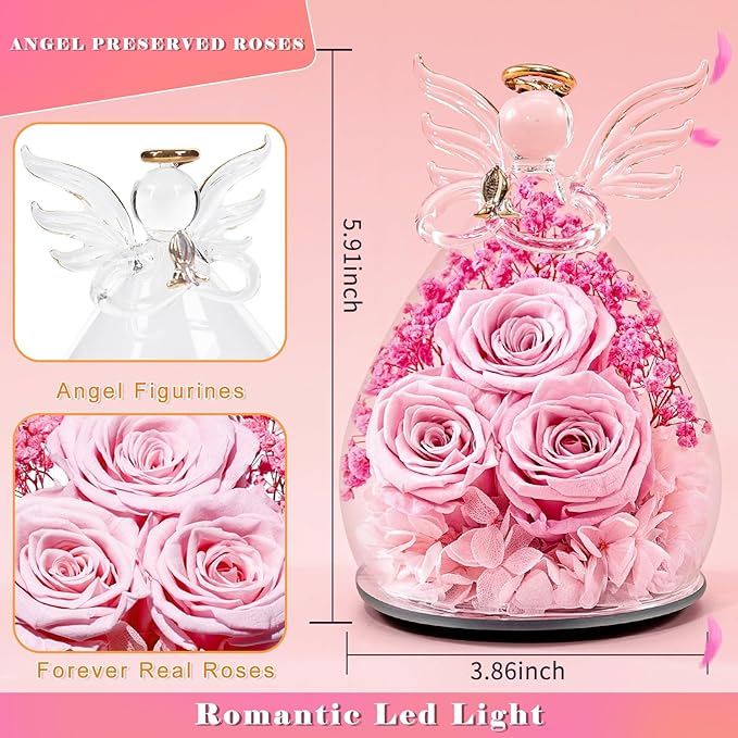 Beferr Mothers Day Mom Birthday Gifts for Women, Fresh Flowers for Delivery Forever Preserved Rose in Glass Angel Figurine, Anniversary Christian Real Rose for Grandma Nana Wife Mum from Daughter Son