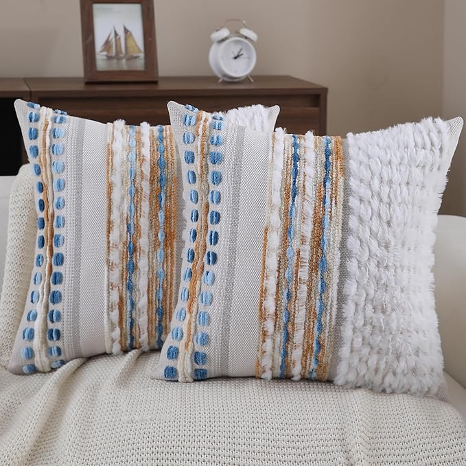 Boho Throw pillow covers 18x18 set of 2 farmhouse decorative Couch pillow covers neutral Accent throw pillows covers striped outdoor cushion covers square textured chenille pillow cases for sofa bed
