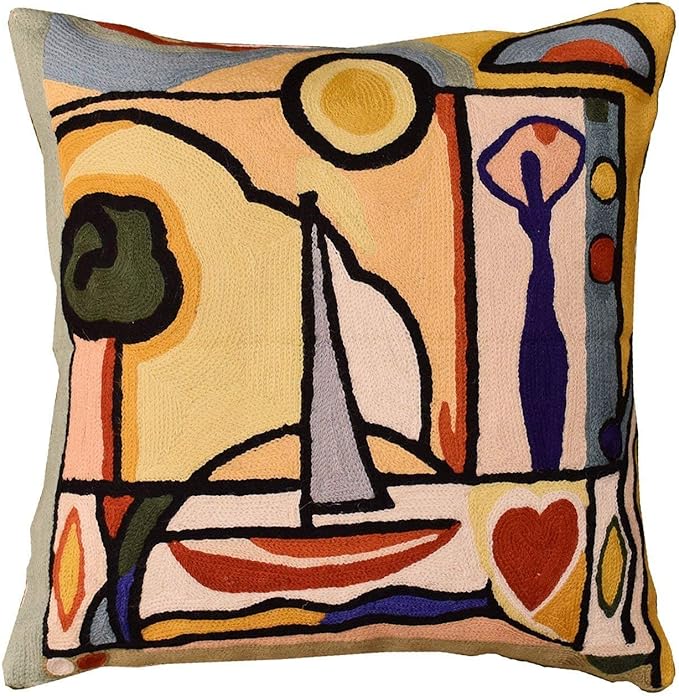 Modern Decorative Pillow Cover by Alfred Gockel Coastal Throw Pillowcase Accent Abstract Pillowsham for Couch Nautical Toss Cushion Chair Cushion Hand Embroidered Wool Size 18x18