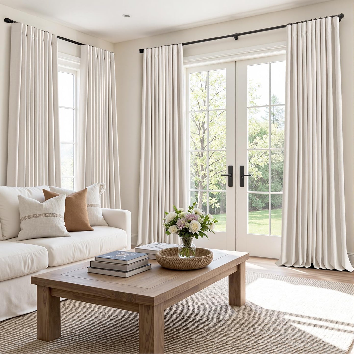 MIULEE 100% Blackout Curtains 90 Inch Long 2 Panels for Bedroom, Thick Luxury Faux Linen Black Out Curtain Room Darkening Back Tab Pleat Window Textured Drapes with Hooks for Living Room, Ivory