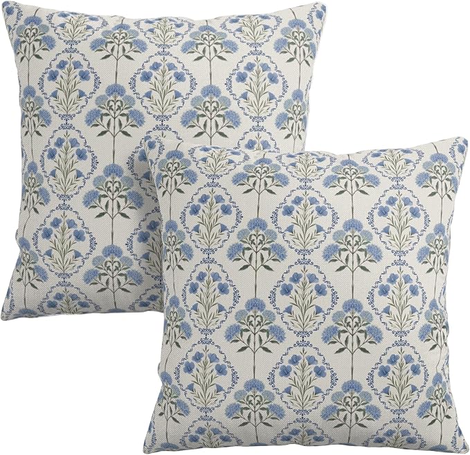 Pack of 2 Floral Pillow Covers Spring Summer Vintage Throw Pillow Covers 22x22 Blue Green Boho Flower Block Print Pillow Cases Hydrangea Farmhouse Cushion Case for Home Sofa