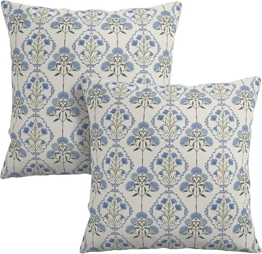 2 Pack Vintage Floral Pillow Covers Spring Summer Pillow Cases Blue Green Boho Flower Block Print Throw Pillow Covers 24x24 Rustic Hydrangea Cushion Case for Home Farmhouse Decor