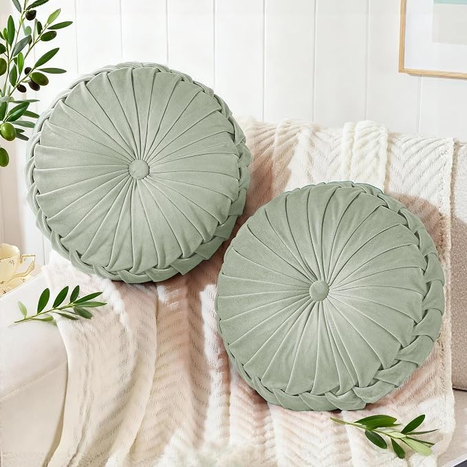ROSE&RISY Round Pleated Velvet Throw Pillows, 2 Pack Decorative Accent Pumpkin Pillows Cushion for Couch Sofa Bed, Soft Plush Retro Vanity Throw Pillows for Home Decor, 14.5 Inch, Sage Green