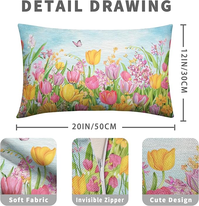 Tulip Lumbar Pillow Covers 12x20 Set of 2 Spring Throw Pillow Covers Pink Yellow Tulip Floral Outdoor Pillowcase Watercolor Cotton Linen Cushion Case for Sofa Outdoor Patio