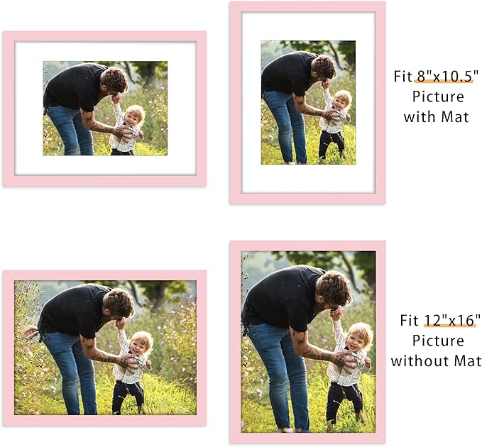 Picrit 12x16 Picture Frame Set of 12, Display 8.5x11 with Mat or 12x16 without Mat, Photo Frames for Wall Mounting Display, Pink
