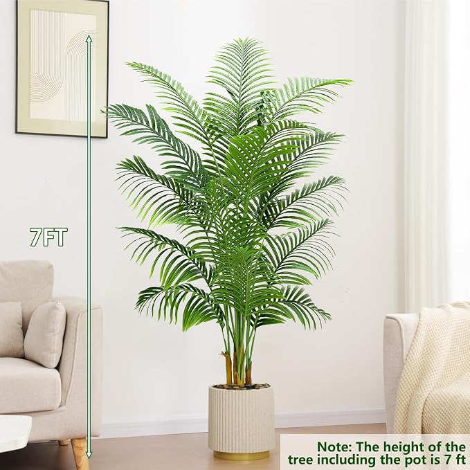 2 Pack Artificial Palm Tree Indoor Plant 7FT Tall Fake Tropical Palm Tree in Pot, Real Bark Design Faux Areca Palm Tree for Home Office Living Room Bedroom Farmhouse Modern Outdoor Topiary Tree