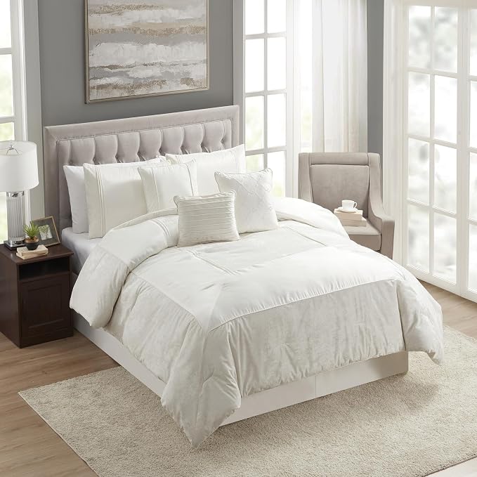 Queen Comforter Set 7 Piece - Ultra-Soft Comforter, 2 Shams, Elegant Bed Skirt, & 3 Decorative Throw Pillows - Luxurious Crushed Velvet Premium Bedding Ensemble for Sophisticated Bedroom Decor, Ivory
