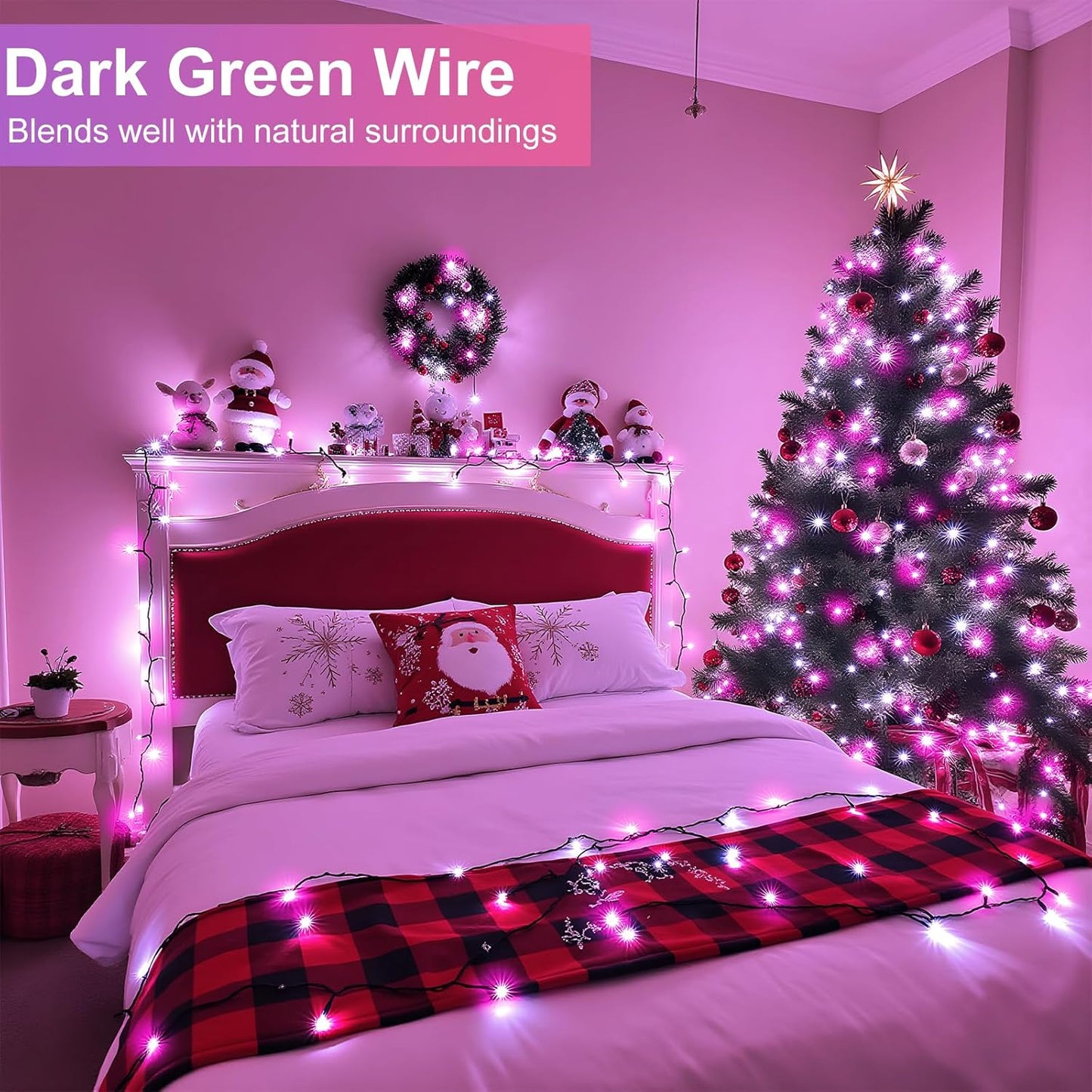 100FT 300 LED Christmas Lights, Christmas Tree Lights with 8 Modes Waterproof, Green Wire Outdoor String Lights, Plug in Xmas Decorations for Indoor House Yard Holiday, Pink White