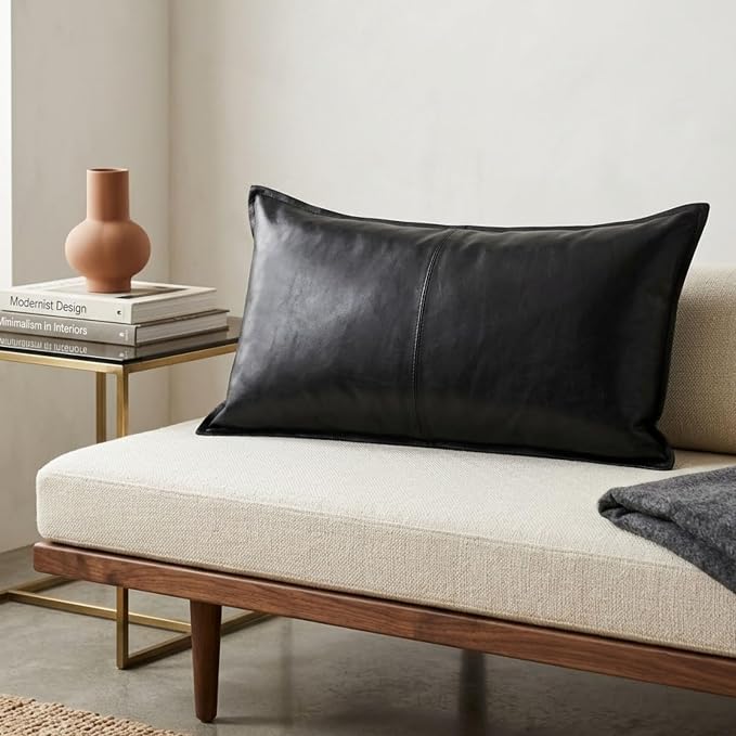 Genuine Leather Pillow Cover Case for Lumbar Throw Couch Pillows - Modern Farmhouse Decorative Sofa Thick & Soft Cushion Covers (Black - Leather Front & Back, 12" x 20")