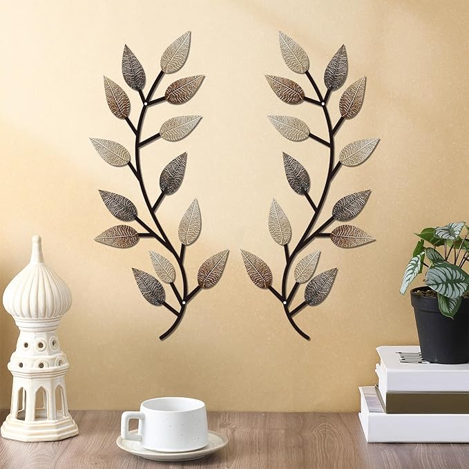 Zhengmy 2 Pieces Metal Tree Leaf Wall Decor Vine Olive Branch Leaf Wall Art Living Room, Hallway Wall Decor Outdoor Decoration(Vintage Brown)