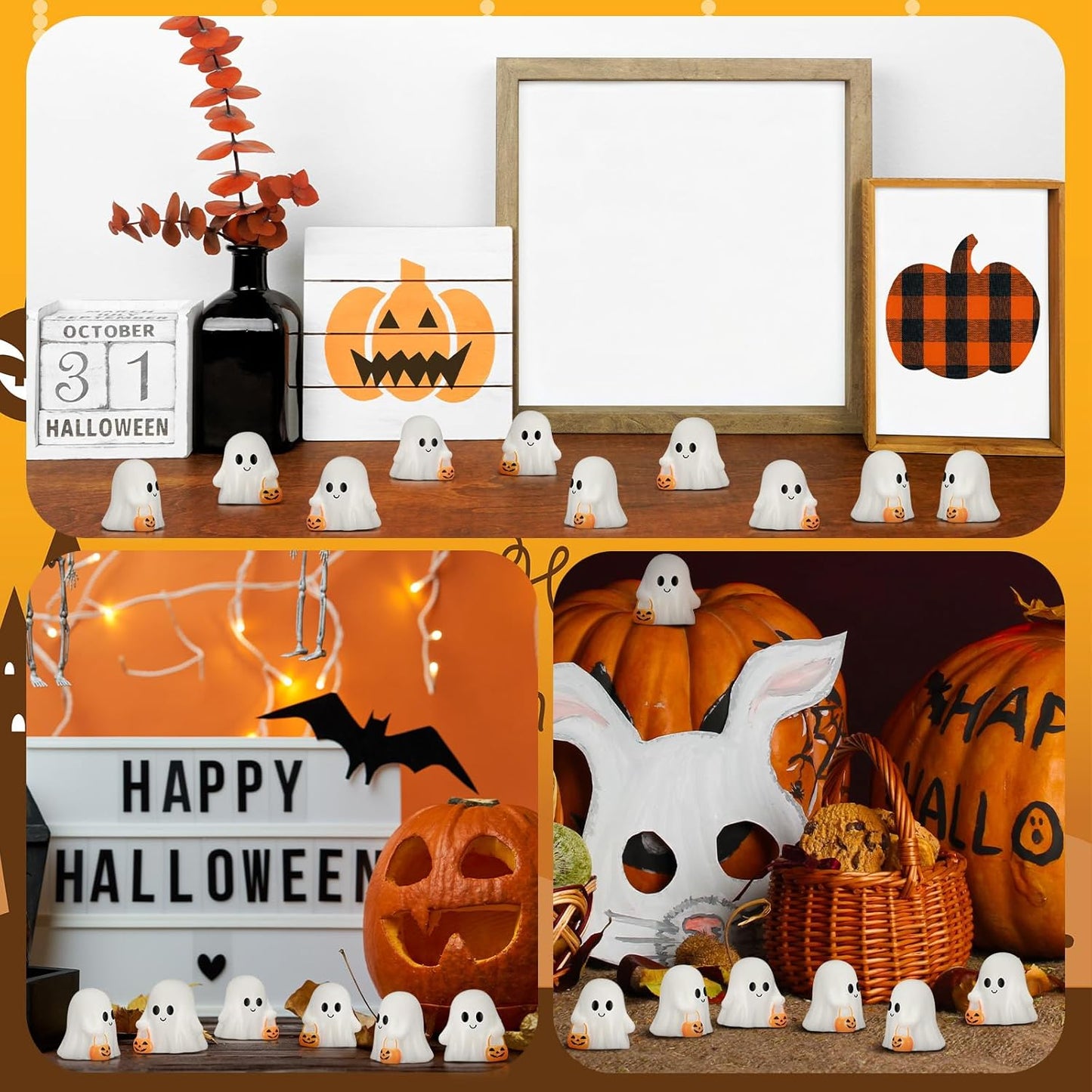 50 Pcs Halloween Mini Ghosts Figurines Resin Tiny Ghosts Miniatures Figures Ornaments for Halloween Party Outdoor Home Garden Decoration