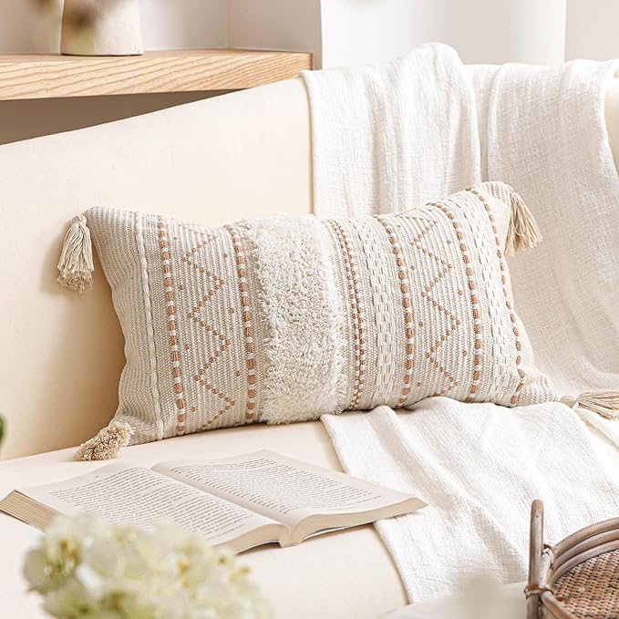 BlissBlush 12x20 Lumbar Pillow Cover, Cream Neutral Beige Rectangular Decorative Cushion Cover, Boho Accent Pillowcase with Tufted Details and Tassels for Couch Sofa Living Room (Cover Only)