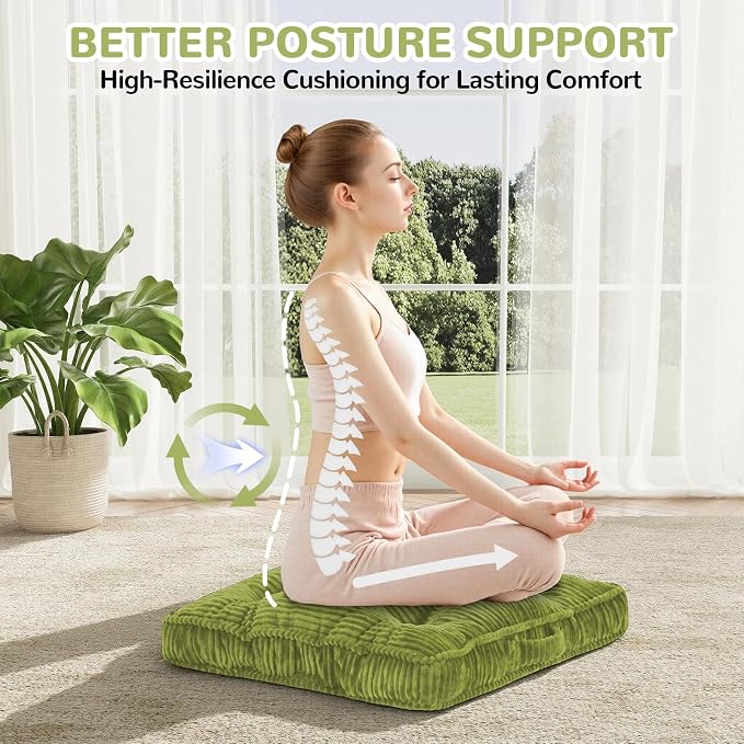 Meditation Floor Cushion, 22x22 Tufted Floor Pillow for Adults, Square Large Meditation Cushion Pillow, Corduroy Sitting with Handle, Yoga Seating for Tatami, Light Green,1Pack