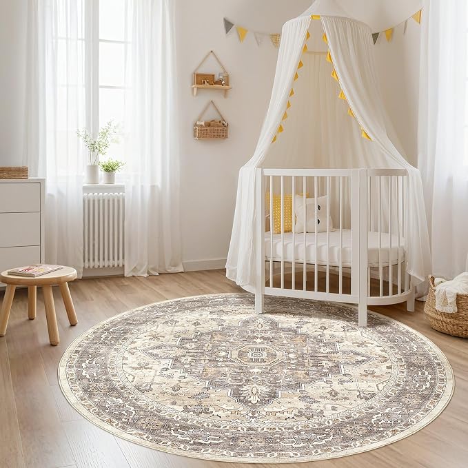 Round Rug Living Room Rugs: 7x7 Washable Boho Neutral Large Circle Soft Indoor Floral Stain Resistant Floor Farmhouse Carpet for Bedroom Nursery Kids Playroom Office Dining Room Dorm Home- Beige Brown