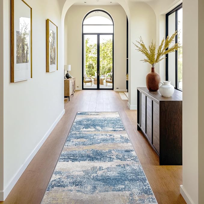 BEIMO Runner Rug for Hallway Kitchen 2x10 Machine Washable Runners Rug for Entryway, Blue Cream Soft Modern Abstract Throw Rugs, Floor Carpet with Non Slip Rubber Backing