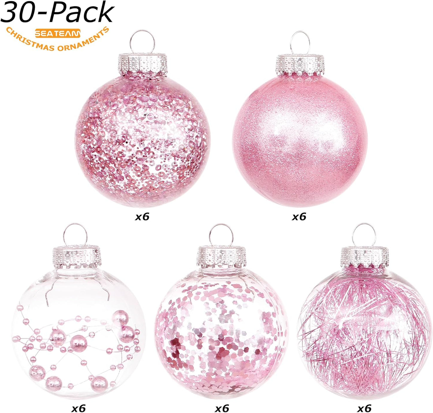Sea Team 60mm/2.36" Shatterproof Clear Plastic Christmas Tree Ball Ornaments Set, Decorative Hanging Transparent Xmas Baubles with Stuffed Delicate Decorations (30 Counts, Pink)