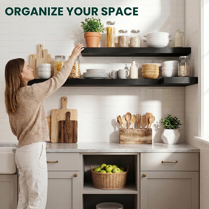 Floating Shelves for Wall 40 in x 9.3 in Deep, Wall Mounted Rustic Wood Shelf with Invisible Brackets for Storage & Display, Living Room Bedroom Bathroom, Black, 2 Pack