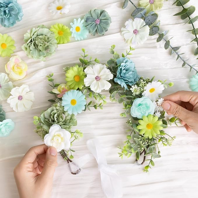 ATTGREAT 310 Pcs Fake Flower Heads Mini Artificial Flower Bulk Silk Flowers for Decoration Small Faux Flower Heads Fabric Daisy Buds Floral for Crafts DIY Wedding Party Baby Shower Home Decor, Green