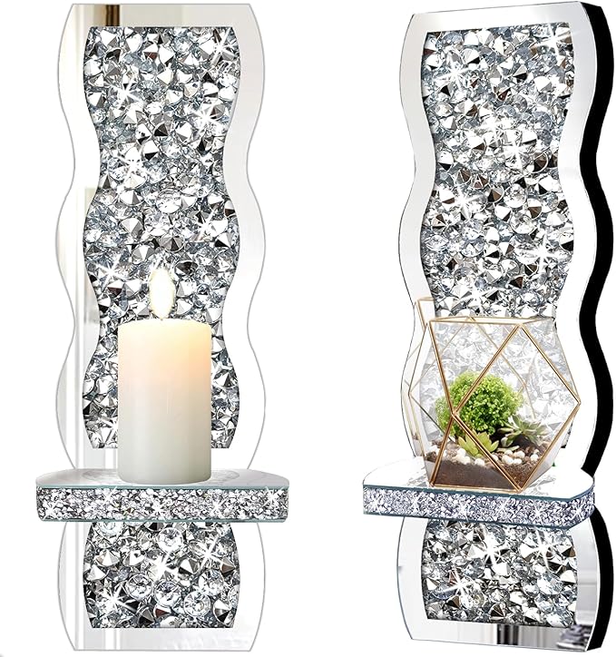 ZOLAPI Set of 2 Crystal Crush Diamond Candle Sconces, Gorgeous Silver Mirrored Wall Sconce, Wave Pattern Irregular Candle Holder Glass Wall Decorations for Home Décor, Living Room, Dining Room.