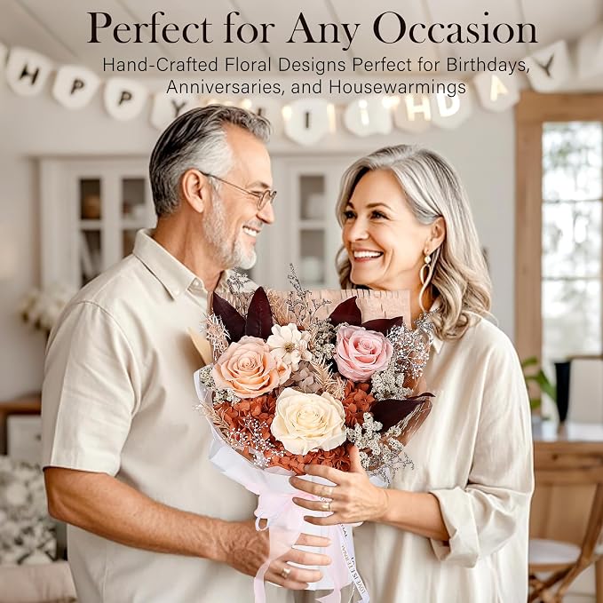 Preserved Bouquet of Flowers - Forever Flowers for Delivery, Real Eternal Roses, Mothers Day Gifts for Mom Grandma Wife, Anniversary Birthday Gifts for Women, Champagne