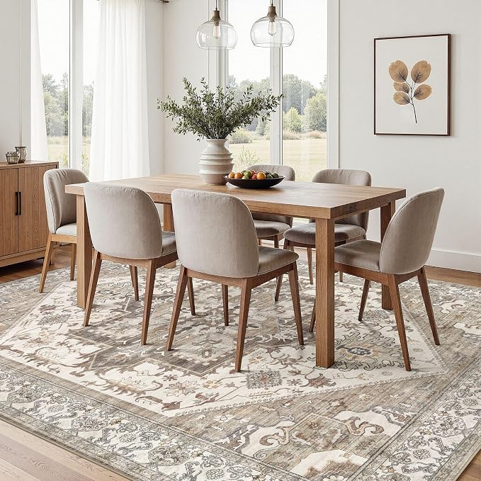Area Rug for Living Room - 7x9 Washable Oriental Vintage Floral Large Soft Carpet - Fade Stain Resistant Non Slip Rugs for Bedroom Dining Room Nursery Dorm Office Home Decor - Beige Brown