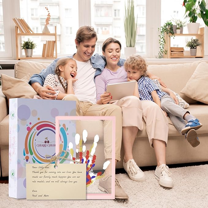 CHERRY CHEERS Family Handprint Kit, DIY Craft Keepsake Wooden Frame, Endless Gift Set, Non-Toxic Paints, Transparent Sheets (Pink)