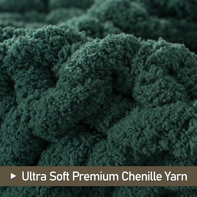 Chunky Knit Throw Blanket 50x60, 100% Handmade Chenille Yarn | 4.4lbs Soft Thick Cable Knitted Blankets, Large Rope Knot Crochet Throws for Couch Sofa Bed Christmas Fall Decor, Dark Green