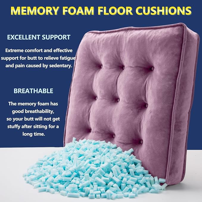 1 MIDDLE ONE Floor Pillow Set of 2, Memory Foam Meditation Cushion, Floor Cushions for Adults Sitting, Large Square Seat Cushions for Yoga, Living Room, 20x20 Inch (Purple)