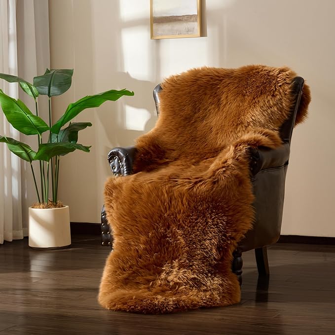 Premium Genuine Sheepskin Area Ruge - Real Wool Fur Shaggy Carpet | Fluffy Soft Natural Lambskin Rug Seat Chair Covers for Couch Sofa Bedroom Living Room(Brown,2×6 Feet Sheepskin)
