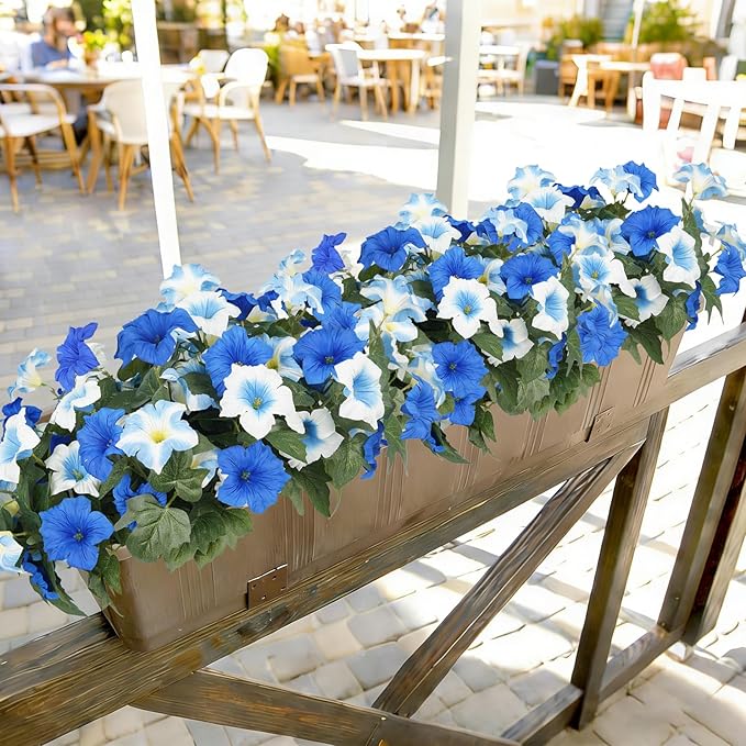 Artificial Flowers for Outdoors, Faux Petunias Spring Summer Decoration, Fake Flowers Plants UV Resistant Look Real Silk Flowers for Outside Planter Front Door Porch Patio Yard (12, Blue-White)