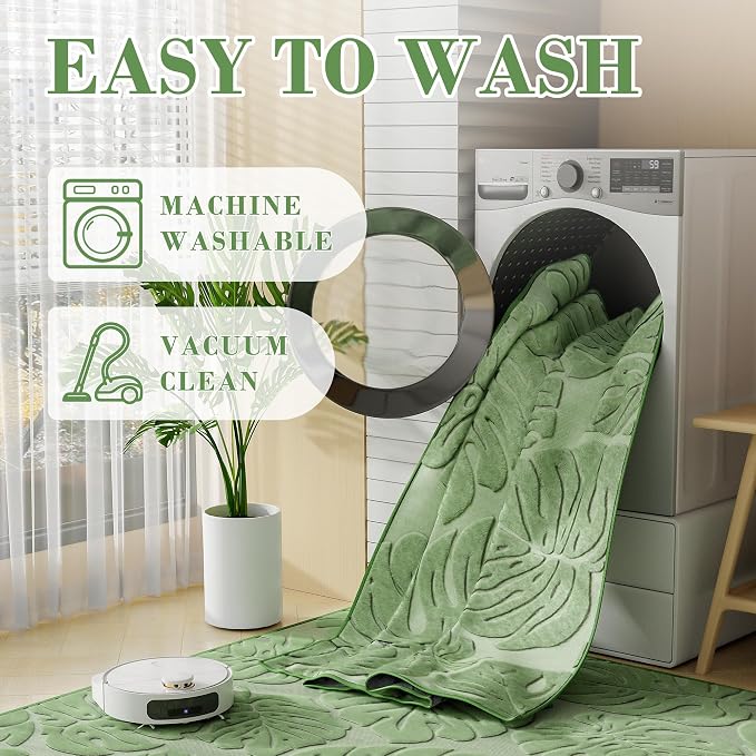 Sage Green Monstera Area Rug 3x5, High-Low Plush Pile Washable Rugs for Living Room Bedroom, Tropical Non Slip Nursery Carpet Soft Indoor Shag Rugs for Dining Room